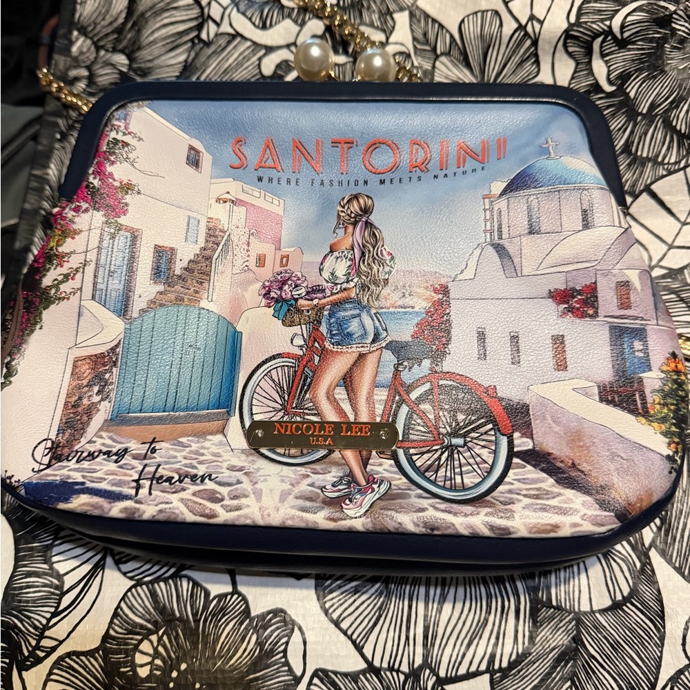 Nicole Lee Blue Santorini Bicycle Graphic Crossbody Bag